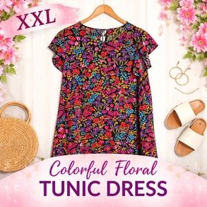 XXL Colorful Floral Flutter Sleeve Tunic Dress / Top
